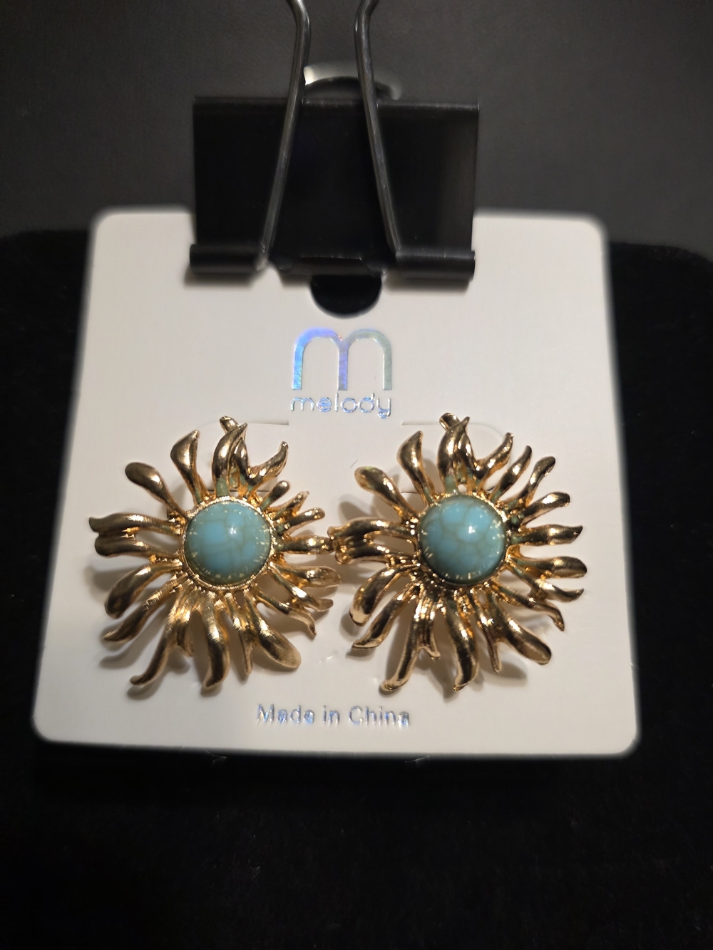 #261 Lovely Melody Gold Sunburst Earrings with Turquoise Center Stones